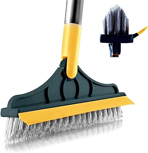 Image of Bathroom Cleaning Brush with Wiper, Long Handle Floor Scrubber Brush with Water Wiper Blade, Heavy Duty Tile & Floooor Cleaning Brush, Multipurpose Bathroom Kitchen Floor Cleaner Tool, 2 in 1 Yellow