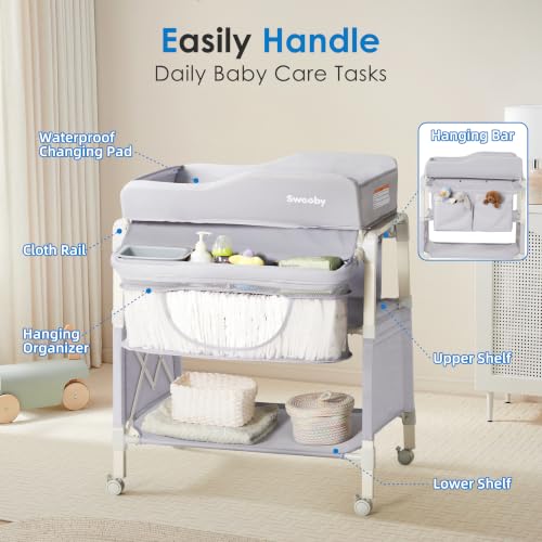 Image of Sweeby Portable Baby Changing Table, Foldable Diaper Changing Station with Waterproof Pad, Mobile Nursery Organizer for Infant & Newborn Essentials, Gray, Gen 2