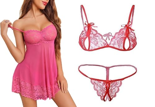 Image of SSoShHub Lace Babydoll Lingerie Sexy Mini Chemise Mesh Wedding Nightie Bridal Nightdress with Bikini