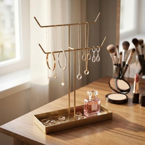 Image of ecofynd 2-Tier Metal Jewelry Organizer Stand with 2 Hangers, 16-Inch Holder for Earrings, Necklaces, Bracelets & Rings, Space-Saving Display for Vanity, Dressing Table & Home (Gold, JS010)