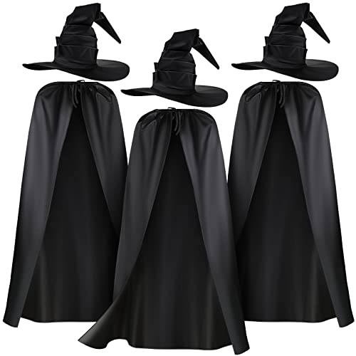 3 Pcs Halloween Witch Hat Black Large Ruched Witch Hat and 3 Pcs Witches Cape Black Cosplay Cloak Halloween Women Cosplay Costume Accessory for Halloween Witch Cosplay Carnival Party