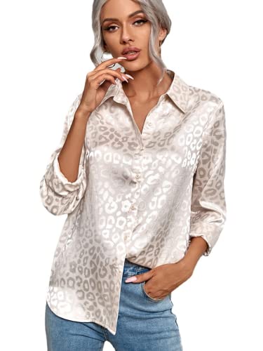 ZPLMIDE Damen Hemd mit V-Ausschnitt, Satin-Seidenimitat, Leoparden-Jacquard-Kragen, lose Bluse, OL Shirts, Büro, Freizeit