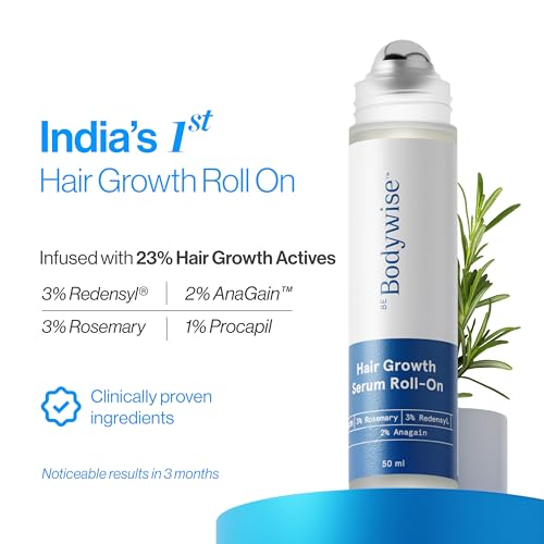Be Bodywise Rosemary Hair Growth Serum (Roll On)|Promotes Hair Growth & Stimulates Hair Follicles |3% Rosemary, 3% Redensyl & 2% Anagain | Hair Fall Control Serum For Unisex |For All Hair Types | 50Ml