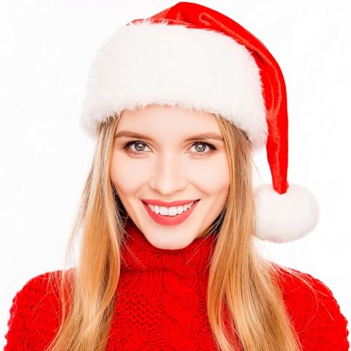 Image of Christmas Hat for Adults Women Men, Santa Close Plush Red Velvet Xmas Hat 2024 New Year Holiday Party Accessories Supplies Headwear, Unisex Santa Claus Cap for Christmas Decoration - Red-White, 2 Unit