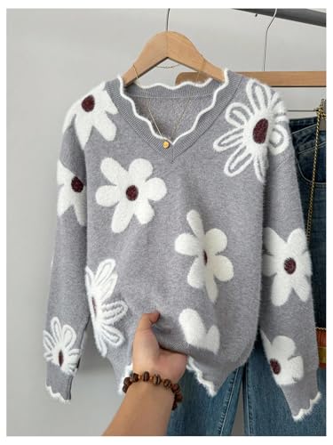 Image of BEAUDRM Girl's Cute Bow Sweater Crew Neck Long Sleeve Drop Shoulder Loose Pullover Tops
