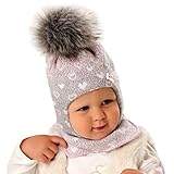 Generisch AJS Baby Mädchen Mütze gefüttert Wintermütze Schlupfmütze Sturmmütze Kindermütze Babymütze Kunstfellbommel Bommel mit Wolle Farbe Grau - Rosa