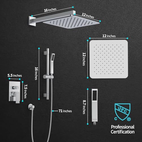 Image of SR SUN RISE 12 Inch Square Shower System with Slide Bar,Polished Chrome