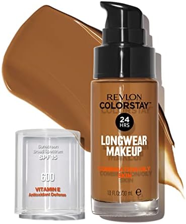 Revlon Liquid Foundation, ColorStay Face Makeup for Combination & Oily Skin, SPF 15, Medium-Full Coverage with Matte Finish, Cinnamon (600), 1.0 oz