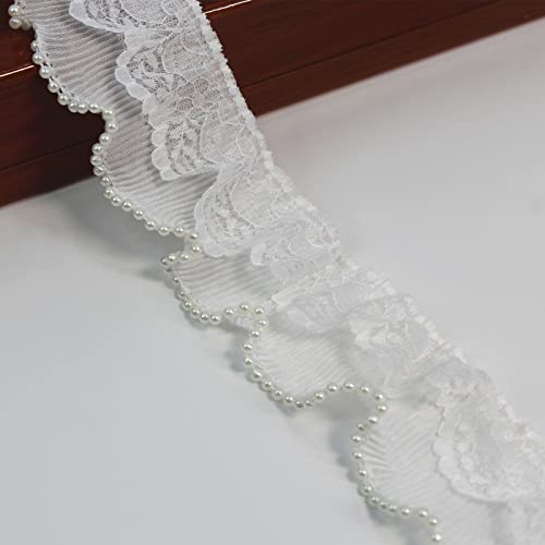 Sunmove SMLS032 5 Yards White Pearl Trim Lace Ribbon Ruffles Beaded Lace Edge Trim Wedding Dress Bridal Ribbon Sew cover