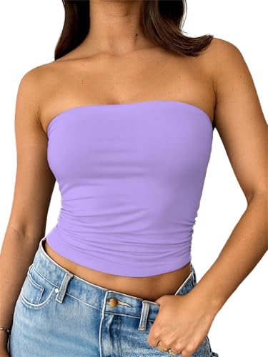 ForeFair Women Strapless Tube Tops Double Lined Ruched Backless Bandeau Going Out Top Basic Tank Tops(S Light Purple)