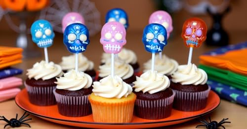 Halloween Sugar Skull Lollipops Candy, 24 Pack, Dia De Los Muertos, Strawberry, Orange, and Blue Raspberry Suckers