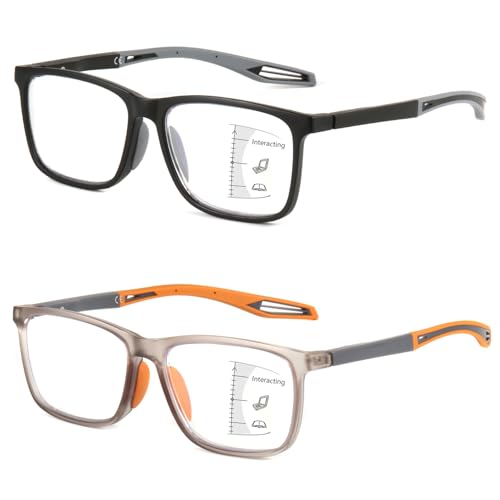 Missfive 2 Pack Upgraded Bend-Proof Multifocus Progressive Reading Glasses Men, TR90 Sporty Frame & Metal Spring Hinge, No-Line Multifocal Anti Blue/UV Near-Mid Range Readers, 2.5