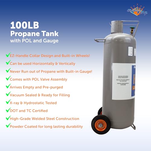 Flame King 100LB Empty Propane Tank with Wheels, Horizontal & Vertical LP Cylinder with Built-in Gauge for Fire Tables, Fire Pits, Patio Heaters, Barbeques, Lunch Trucks, Weed Torches & Truck Campers