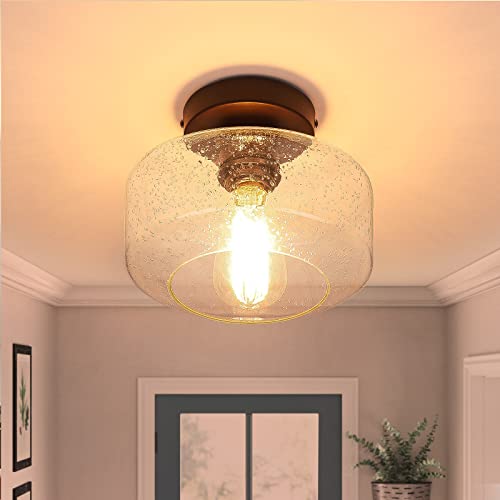 Industrial Semi-Flush Mount Ceiling Light, Seeded Glass Pendant Lamp Shade, Brown Farmhouse Lighting For Hallway Porch Corridor Kitchen Bedroom, Modern Indoor Hanging Light Fixtures, Bulb Not Included #TOP5