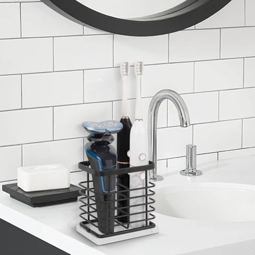 Image of Toothbrush Holder, Luxurious Metal Toothbrush Toothpaste Holder with Marble Base for Bathroom, Multi-Slots Openwork Design, Bathroom Accessory for Storage and Organizer (Small, Matte Black)