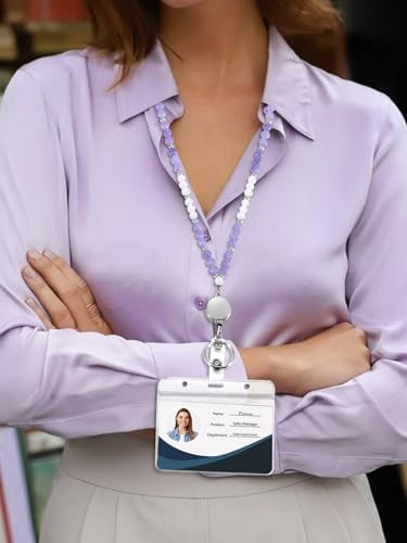 COTATI Teacher Lanyard for Id Badges and Keys,Retractable Beaded Cute Lanyards for Women Card Badge Holder (Silver-Purple)