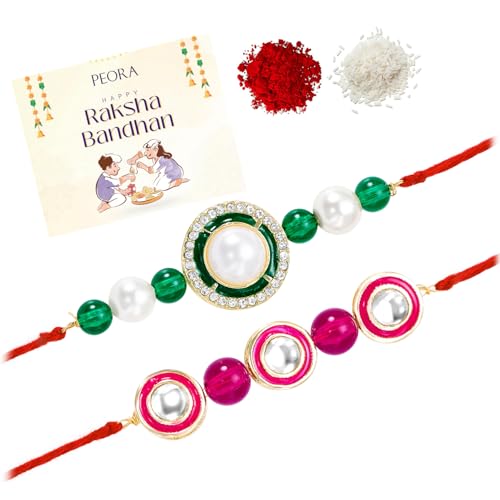 Image of Peora Rakhshabandhan Thread Rakhi for Brother Bhaiya | Kundan Beads & Crystal Studded | Combo Set of 2 | Rakhi Hamper Roli Chawal & Greeting Card