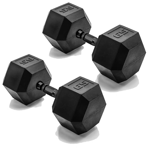 CAP 65 LB Rubber Coated Hex Dumbbell Weight Rubber Free Weights for Home Gym Strength Training Black Oxide Handle Pair