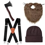 Chicingyou 4 Pcs Lumberjack Costume Halloween Accessories Set Include Fake Axe Fake Beard Beanie Suspender for Men Women Cosplay (Brown)