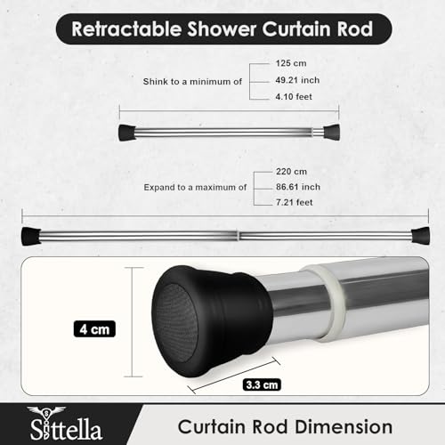 Image of SITTELLA (125Cm To 220Cm) Extendable Shower Curtain Tension Rod Non-Drilling Anti-Skid Spring Pull Rod -Stainless Steel, Silver-Black