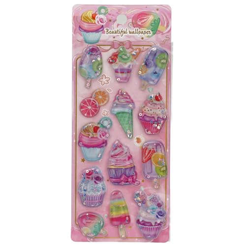 ウォーターシール 水入り ぷくぷく 立体 3d キラキラ ラメ入り ぷっくりシール 揺れる 浮き出し 手帳デコ 可愛い カラフル 装飾 日記 スマホ 携帯電話 DIY クラフト 女の子 子供 誕生日プレゼント 贈り物 手芸用品 (アイスクリーム C)