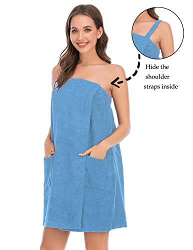 Womens Bath Towel Set Shower Spa Gym Body Wrap With Velcro Closure Robes & Hair Band(Large, Light Blue) #TOP1