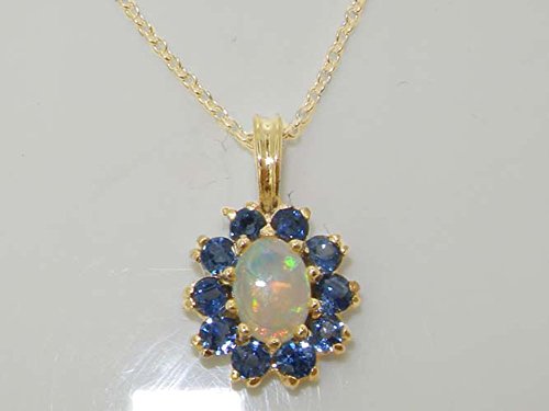 Womens Solid Yellow 10K Gold Natural Opal & Blue Sapphire Pendant Necklace With 16" Gold Chain #TOP2