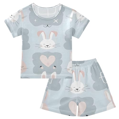 Summer Pajama Set Pink White Rabbit, Short Sleeve Sleepwear Nightwear