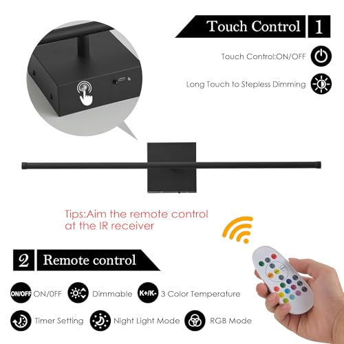 Image of KARTOOSH 32.2 Inch Battery Operated Wall Sconces Wireless Set of 2, Black | RGB Wall Lamps, 3 Color Temps, Remote Control, Dimmable Rotatable, LED Wall Lights for Living Room Bedroom