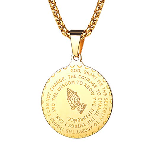 FaithHeart Bible Verse Prayer Necklace Christian Jewelry Stainless Steel Praying Hands Coin Medal Pendant (Gold)