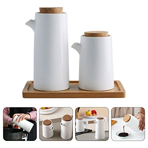 Luxshiny Ceramic Seasoning Bottle Set including Oil can and Spice Kettles on Wooden Tray Heat Resistant Sauce Dispensers for Kitchen Cooking and Table Use Easy to Clean Liquid Condiment Storage Pots - Image 3