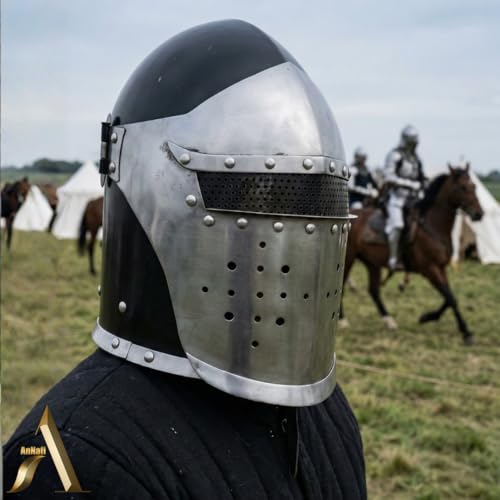 Image of AnNafi Barbuta Helmet | Viking Battle Knight Helmet Armour | Medieval Visored Barbute Helm for Cosplay | Wearable (Silver)