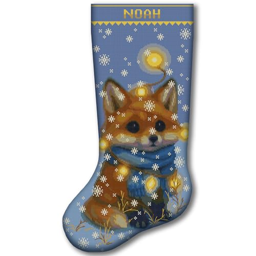 Christmas Stocking Cross Stitch Kit 2-in-1 Stamped and Counted Cross Stitch Cute Woodland Fox with Winter Lights Holiday Design DIY Embroidery Kit for Adults Personalized Family Christmas Decor