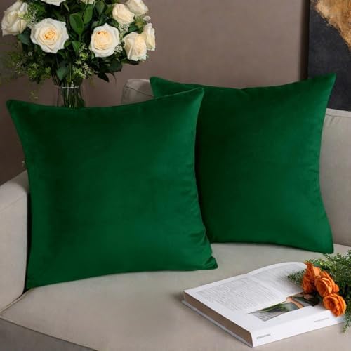 Set of 2 Velvet Cushion Covers,Dark Green 40 x 40 cm Luxury Velve...