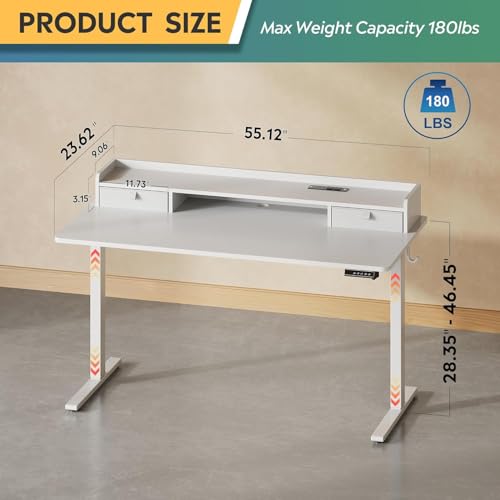 Image of DEVAISE 55 Inch Electric Standing Desk with Shelf, Adjustable Computer Desk for Home Office, with LED Touchscreen, Headphone Hook, 3 Memory Preset, with One-Piece Desktop, White