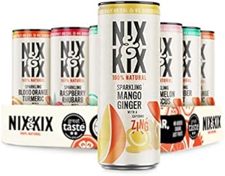 Nix & Kix | 12 Can Mixed Pack | Natural Flavoured Sparkling Water Drinks | Mango Ginger , Blood Orange Turmeric, Cucumber Mint, Raspberry Rhubarb, Watermelon Hibiscus | Variety 12 x 250ml Pack