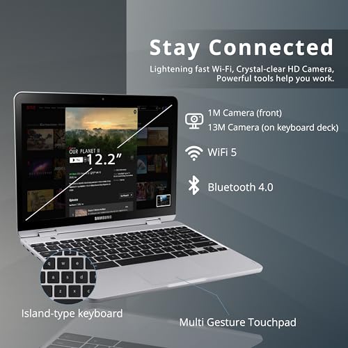 Image of Samsung Plus V2 2-in-1 12.2 inch Touchscreen Chromebook Laptop, Intel Celeron 3965Y, 4GB RAM, 64GB eMMC, 1M Front Camera, Wi-Fi, Bluetooth, MicroSD Reader, Stylus Pen, Chrome OS, Silver, 128GB USB Card