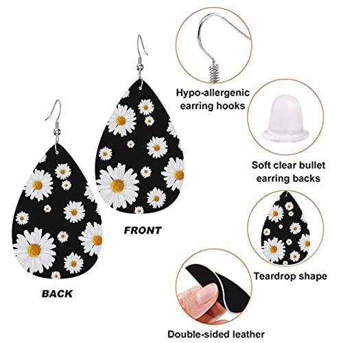 Daisy Floral Black Faux Leather Teardrop Earrings For Teen Girls Women Drop Dangle Earrings Gift #TOP2