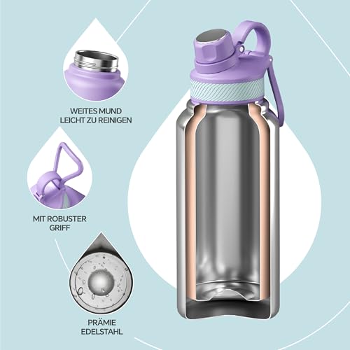 Ideus Vakuumisolierte Wasserflasche, 950 ml Edelstahl Doppelwand Flasche Metall Sport Kantine mit auslaufsicherem Schraubverschluss – Ansicht 3