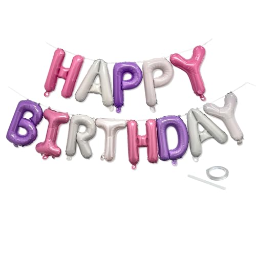 Image of Pink Purple Happy Birthday Balloon Banner Set -16 Inch Foil Letters Balloons, Reusable Birthday Decorations and Party Supplies, Suitable for Men and Women's Birthday Decorations，Party Backdrop