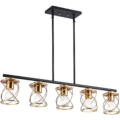 EPLIGUP Kitchen Island Light, 5-Light Dining Room Lighting Fixtures Hanging, Farmhouse Linear Pendant Light for Kitchen Island Table Living Room with Adjustable Rods, Matte Black Gold