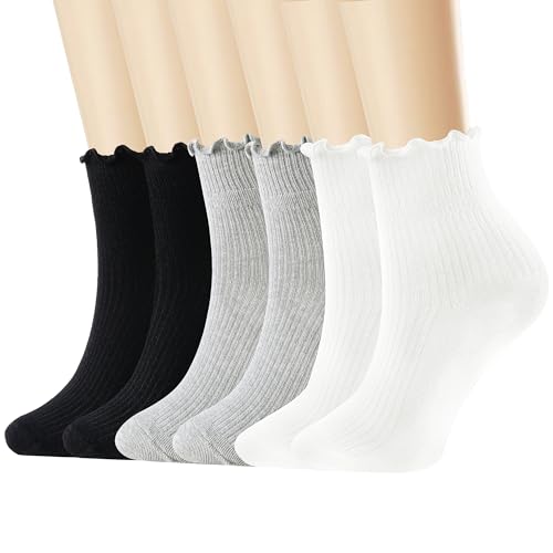 Image of DQCUTE Women's Ruffled Ankle Boot Socks - Soft Knit Cotton Lettuce Trim Crew Socks for Teen Women 6 Pairs
