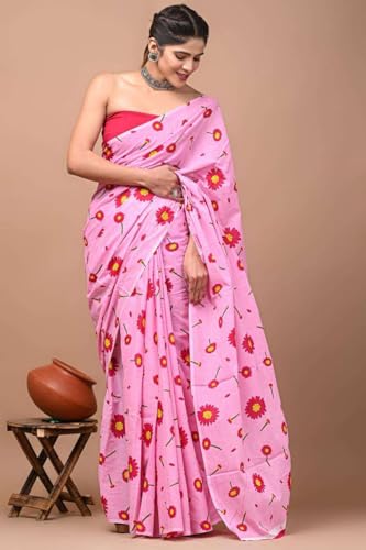 Image of Hand Block Printed Cotton Mulmul Saree | Soft Lightweight Summer Saree | Pure Cotton Traditional Indian Saree for Women