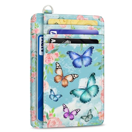 Image of Yonlevres Credit Card Holder Slim RFID Wallet Women Small Butterfly Travel | Front Pocket, Handy, RFID Blocking, Woman Girls Ladies Gifts, D-ring for Keychain,Thin Mini Card Case, ID Window, PU Leather