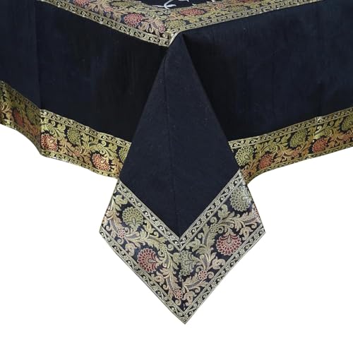 Image of New Year Room Decor Embroidery Brocade Silk Table Cover for Centre & Dinning Table and 4 & 6 Seater Dining Table /Tablecloth, (50 By 50 Inches) (Black)