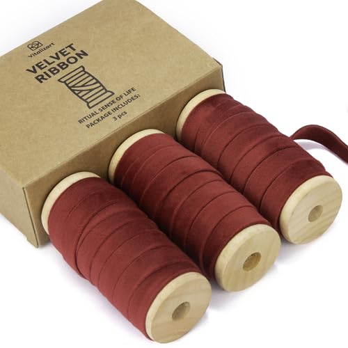 Vitalizart Red Velvet Ribbon Set 3/8' x 15 Yd Burgundy Wooden Spool Fabric Trim 3 Rolls * 5 Yd for Christmas Wreath Decoration Handmade Craft Ornaments Gift Wrapping & Bow Making