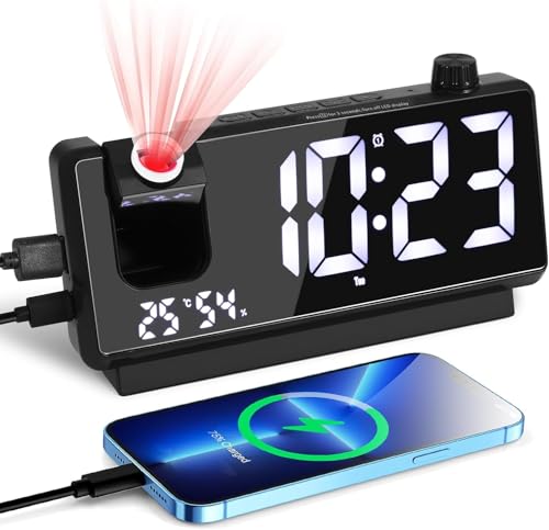 ALLOMN Reloj Despertador Digital con Proyección con Proyector de 180°, Reloj Despertador Digital Grande para Dormitorio con Temperatura y Humedad, Fecha, 2 Alarmas, 3 Niveles de Brillo