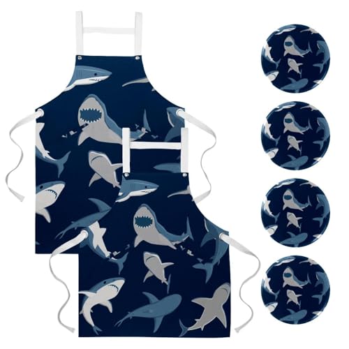 Tablier de cuisine lot de 2 réglable motif requin multicolore pour bistrot et bar