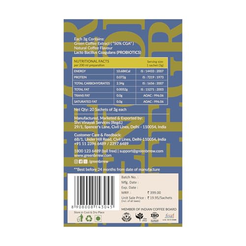 Image of Greenbrrew Strong Instant Green Coffee - 20 Easy Mix Sachets, Pack of 1 (60g)