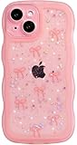 Qokey for iPhone 13 Mini Case 5.4 inch- Glitter Star & Curved Edge Handle Grip Design, Military-Grade Shockproof Clear TPU Cover, Sparkle Protection Scratch-Resistant, Holographic Pink Bow